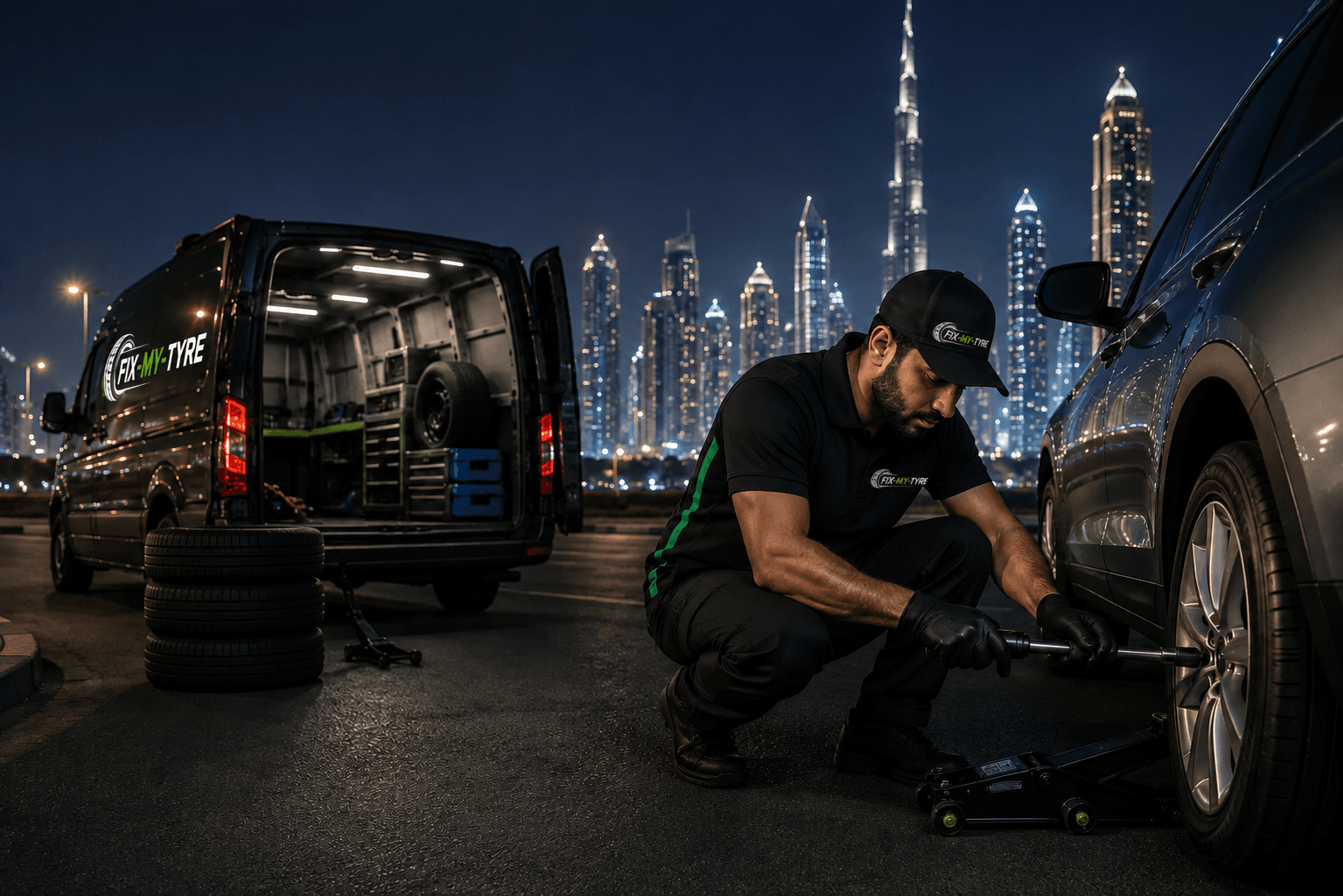 Fix My Tyre technician fitting a tyre on-site in Dubai at night